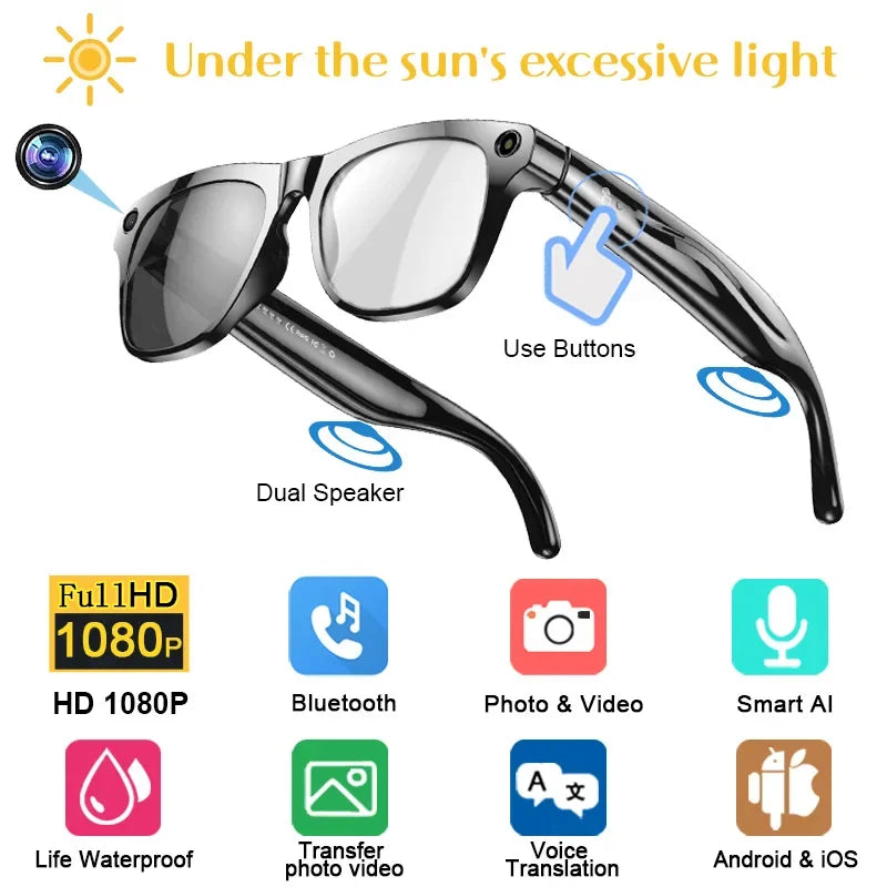 1080P HD Smart Glasses Color-changing Lens 800W Pixel Bluetooth AI GPT Camera Call Voice Assistant Translate Identify Objects