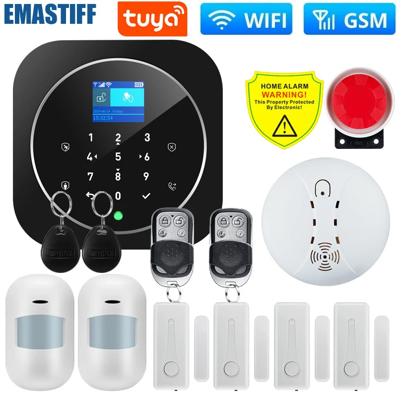 Smart Life Alarm System for Home WIFI GSM Security Alarm Host with Door and Motion Sensor Tuya Smart App control work Alexa