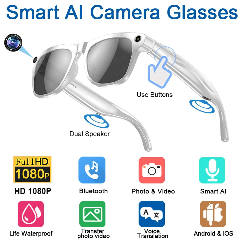 1080P HD Smart Glasses Color-changing Lens 800W Pixel Bluetooth AI GPT Camera Call Voice Assistant Translate Identify Objects