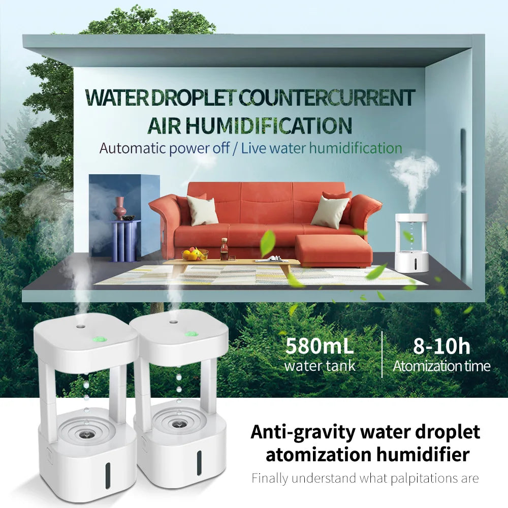 580ML Anti-gravity Water Drop Humidifier 3 Modes Levitating Water Drops Ultrasonic Cool Mist Maker Fogger with LED Night Light