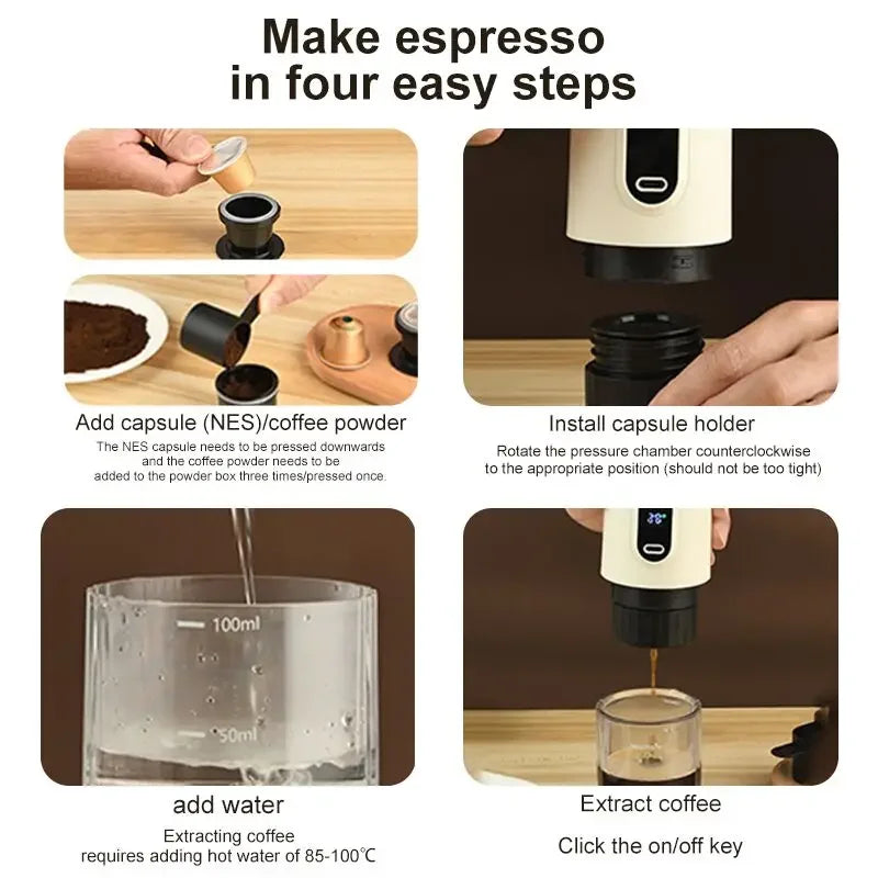Wireless Electric Portable Espresso Coffee Machine for Car & Home Camping Coffee Maker 3-in-1 Capsule Powder Travel Coffee Maker