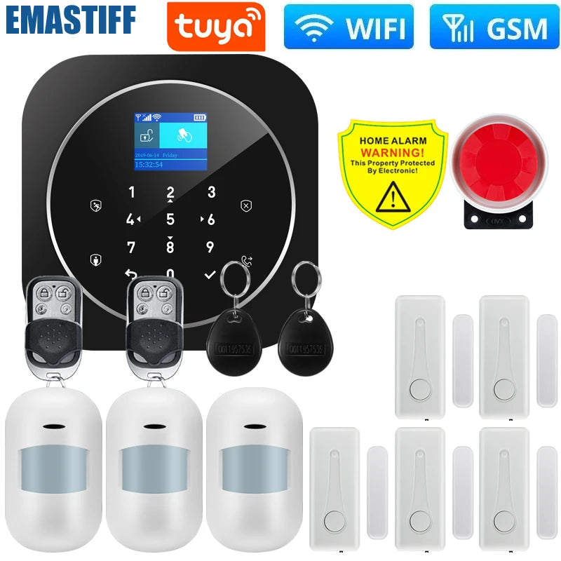 Smart Life Alarm System for Home WIFI GSM Security Alarm Host with Door and Motion Sensor Tuya Smart App control work Alexa