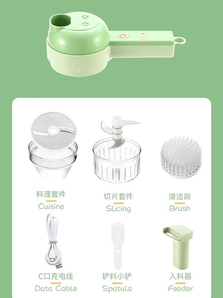 4 IN 1 Electric Vegetable Cutter Set Multifunctional Garlic Mud Masher Chopper Mini Food Processor Cutting Pressing Mixer Slicer
