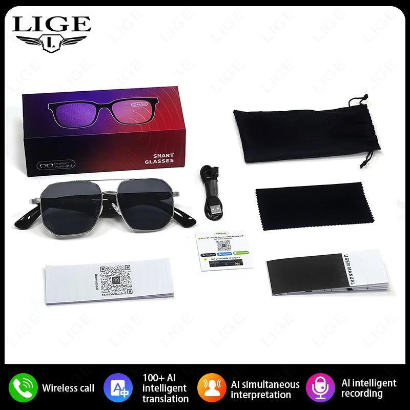 LIGE 2025 Smart Sunglasses Wireless Call Headset Bluetooth 5.4 Intelligent Translation Music Play Voice Assistant Smartglasses