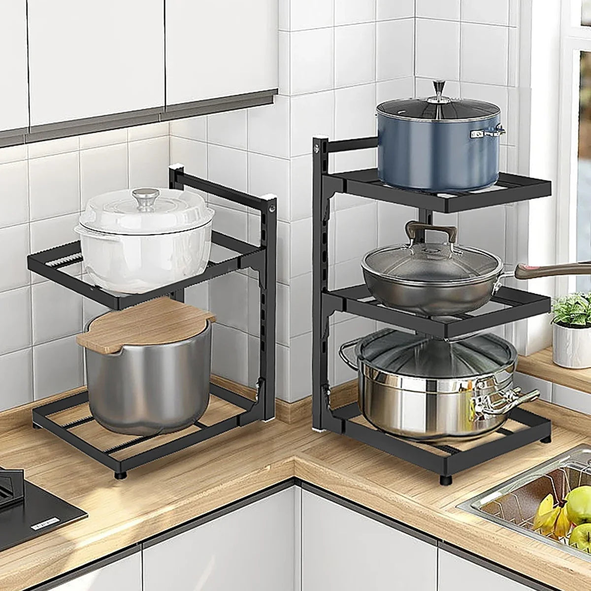 Kitchen Sink Storage Rack Multi-Layer Cooker Storage Rack Home Stovetop Cabinets Adjustable Space Saving Pot Rack Pantry Storage