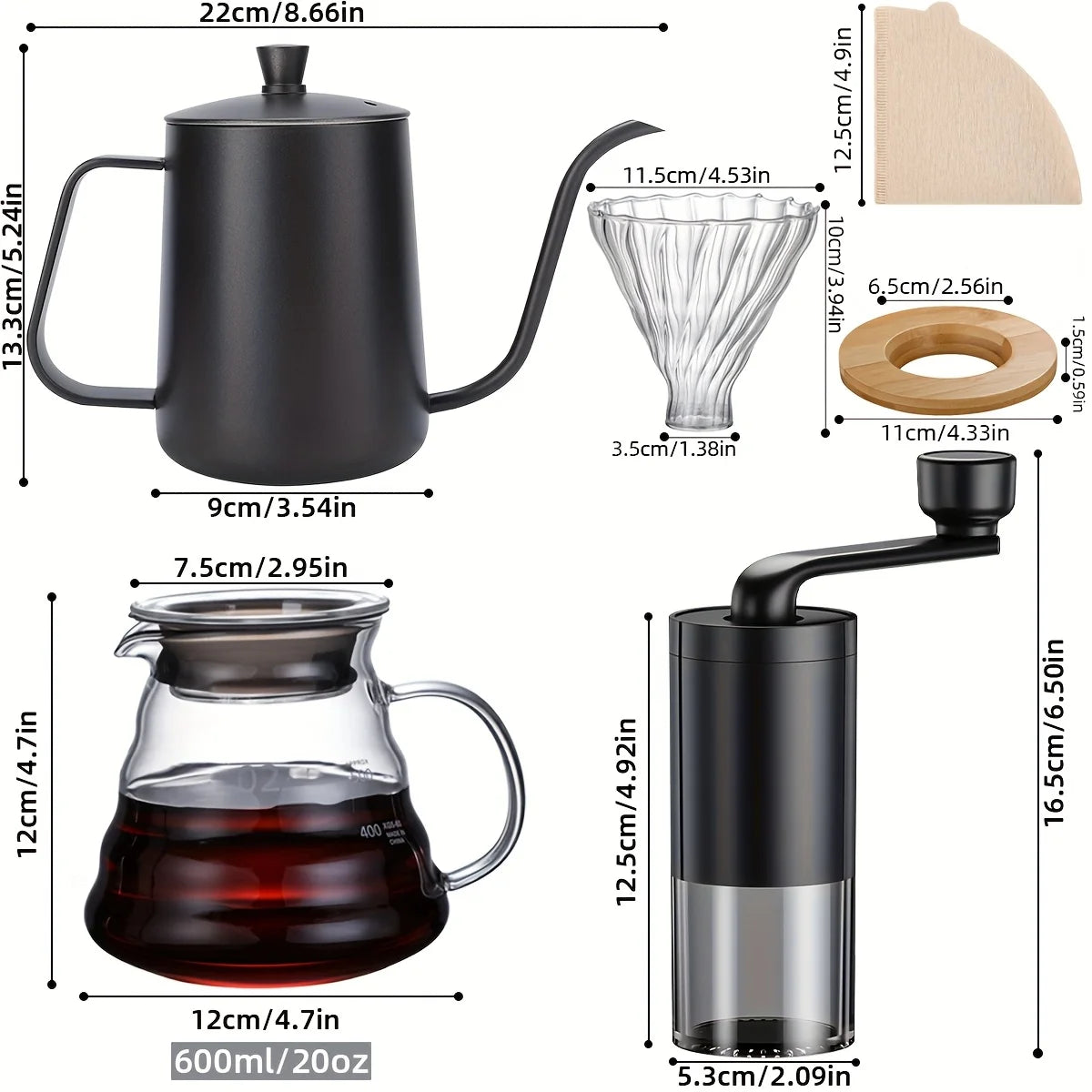 Pour Over Coffee Maker Set, Includes Pour Over Coffee Kettle, Coffee Grinder, Glass Coffee Carafe and Dripper, V02 Filter Paper