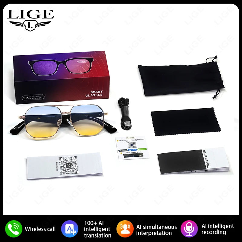 LIGE 2025 Smart Sunglasses Wireless Call Headset Bluetooth 5.4 Intelligent Translation Music Play Voice Assistant Smartglasses