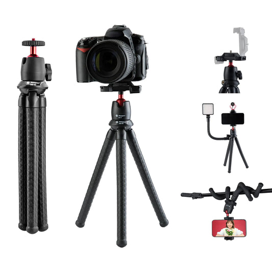 Fotopro Camera Tripod Flexible Mini Tripod Stand with Hidden Phone Holder w Cold Shoe Mount 1/4 Screw for Magic Arm Octopus Tripod for iPhone Camera Live Streaming Vlog Video